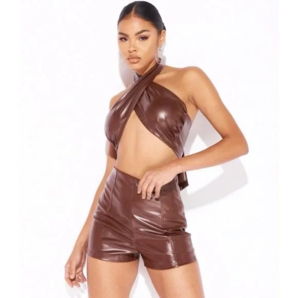 Brown Faux Leather Vegan Leather Sleeveless Halter Neck Open Back Crop Top - Picture 5 of 10